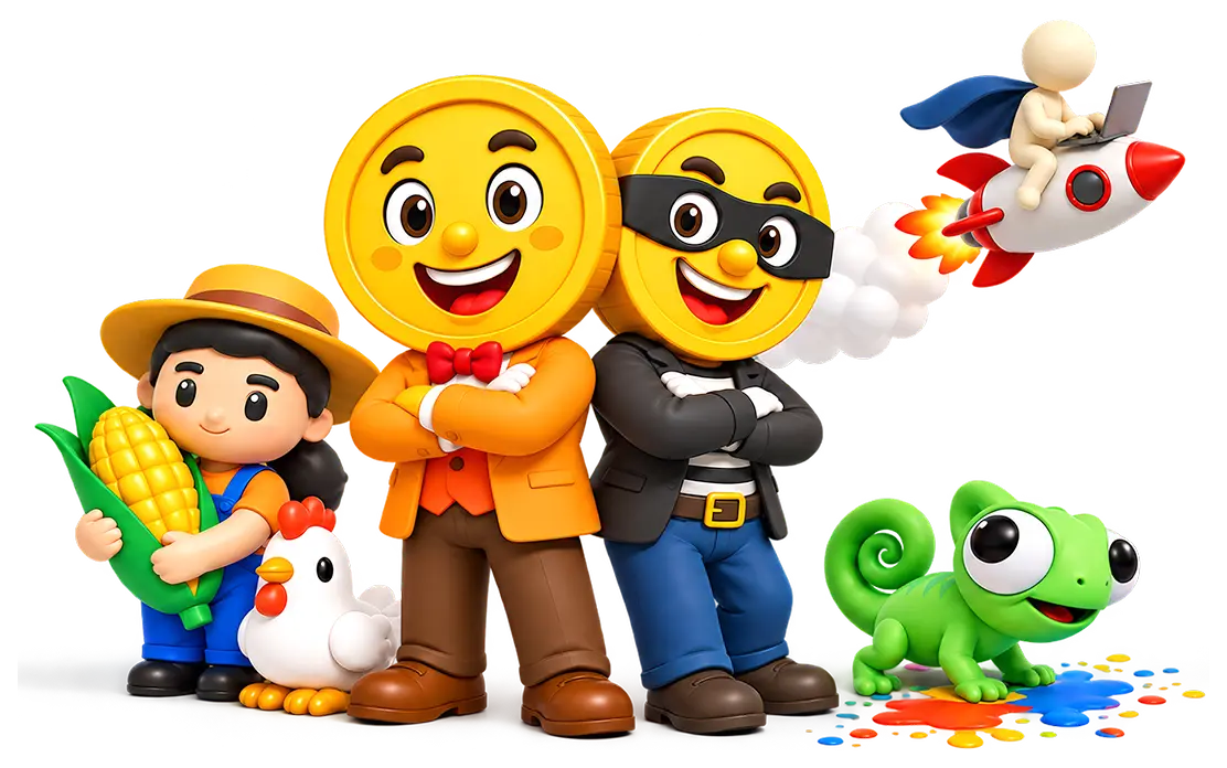 Pax Animi game characters: the Money to Billions coin mascot and friends from across the studio catalogue